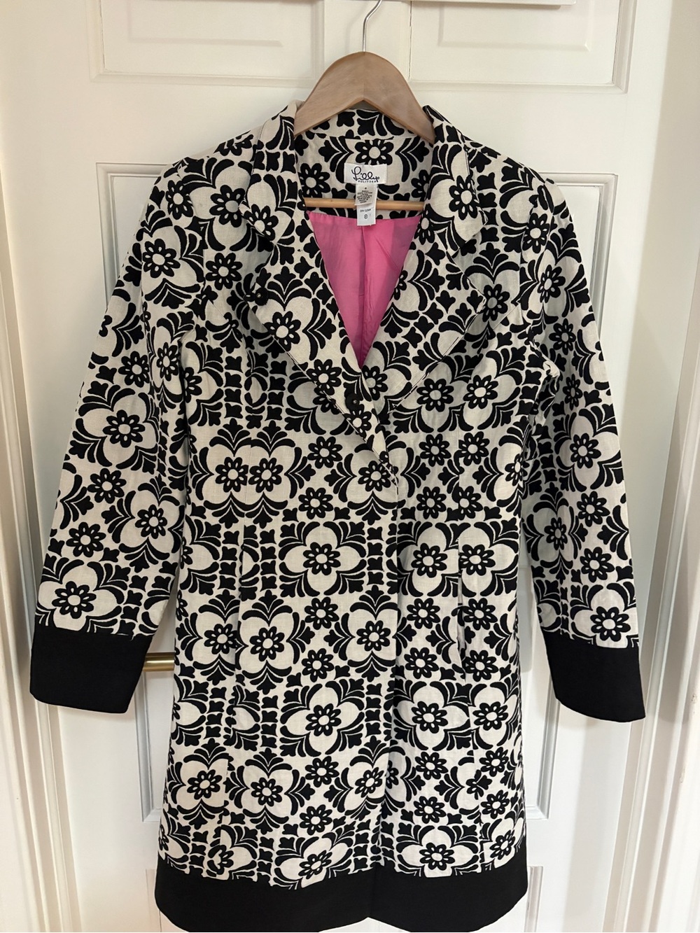 Lilly Pulitzer Daria Coat Duster Jacket Black Cream Floral Pink Lined Sz 4 EUC